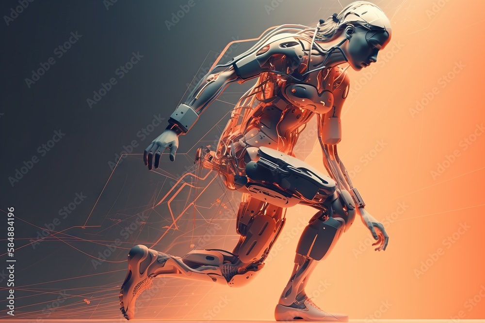 Poster a robot is running with a drum case in his hand and a glowing orange background fitness center anima