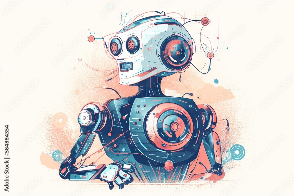 Poster a robot with a cell phone in his hand and a circuit board in his hand workshop animation robotics en