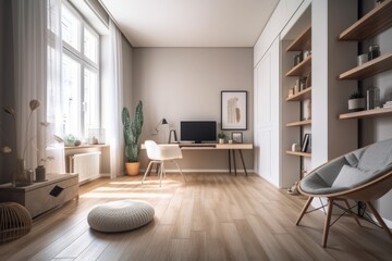 Fototapeta na wymiar White furniture and wood floor in modern study room. Generative AI