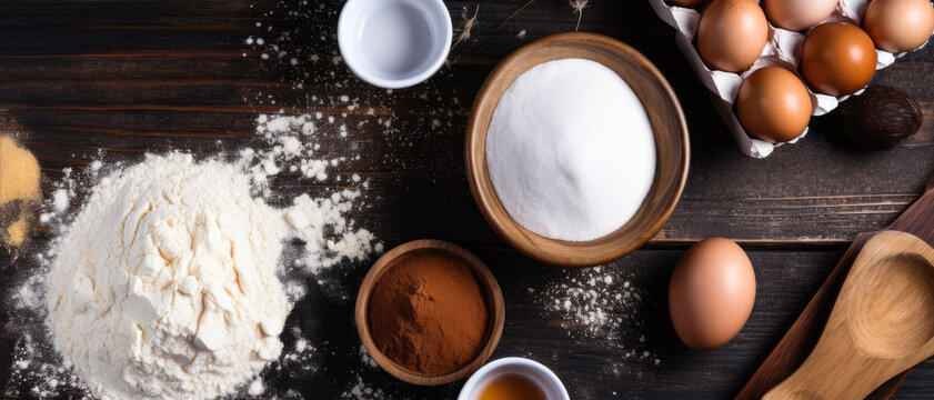 several baking items like flour, eggs and milk on wooden background, viewed from above, generative ai
