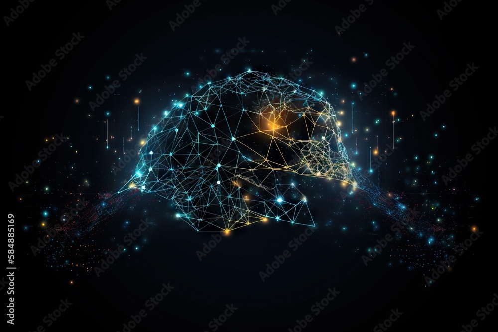 Poster a computer generated image of a human head with a network of lights deep sea trench constructivism n