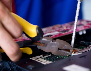 Repairman working in technical support fixing computer laptop tr
