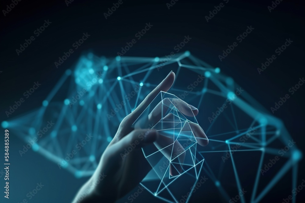 Poster a hand touching a virtual interface with a blue background and lines workshop animation supply chain