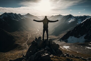 Person looking from the top of a mountain. AI generated, human enhanced. - obrazy, fototapety, plakaty