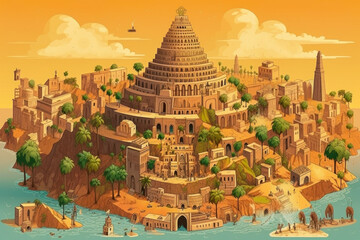 Ancient city of Babylon with the tower of Babel, bible and religion. AI generated, human enhanced