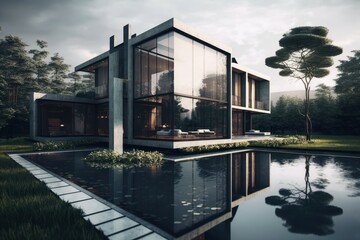 Fototapeta na wymiar Modern house with swimming pool. AI generated, human enhanced.