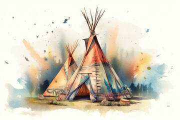 Watercolor teepee campground tent. Bohemian American wigwam. Tee pee with feathers and arrows. Generative AI