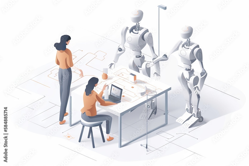 Poster a woman is working on a computer while two robots are standing around workshop animation robotics en