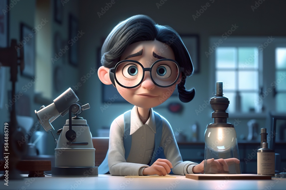 Poster a cartoon character sitting at a table with a microscope and a bottle classroom animation animation 