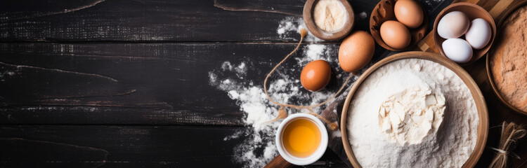 several baking items like flour, eggs and milk on wooden background, viewed from above, generative ai