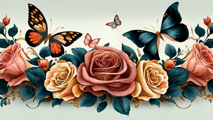Seamless floral border with roses and butterflies. Pretty nature background