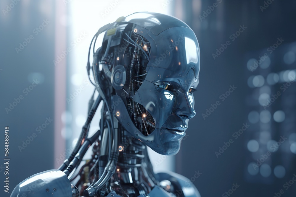 Poster a robot with a glowing face and head is looking at something factory animation robotics engineering