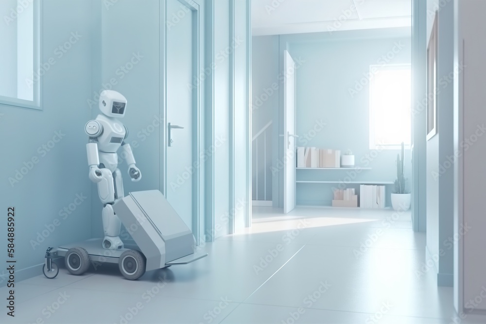 Poster a robot is standing in a hallway with a door open and a suitcase on the floor workshop animation sma