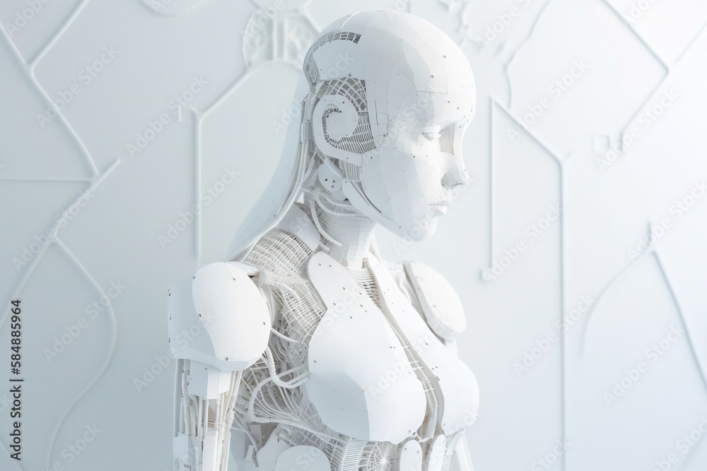 Poster a white robot with a white background and a white wall with a pattern workshop assemblage robotics e