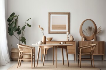 Mockup frame in house interior background, beige room with natural wooden furniture, Scandinavian style,. Generative AI