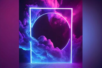 abstract background with ultraviolet neon lights, empty frame, cosmic landscape, glowing tunnel door with smoke. Generative AI.