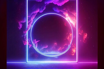abstract background with ultraviolet neon lights, empty frame, cosmic landscape, glowing tunnel door with smoke. Generative AI.