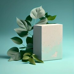 A podium made of concrete with green leaves, for the presentation of packaging and cosmetics, top view, on a blue background. Product display with white concrete texture. Generative AI.
