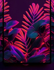 Bright neon lighting frame, plant detail. Generative AI.