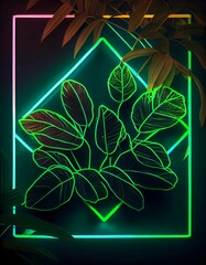 Bright neon lighting frame, plant detail. Generative AI.