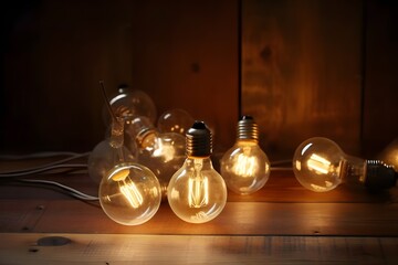 glowing bulbs on wooden table Generative AI