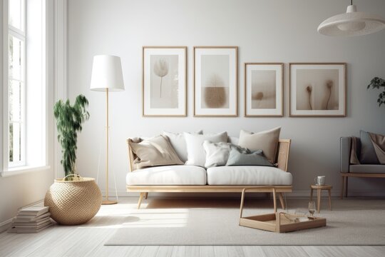 Empty picture frames on white wall. Ilustration. White living room. Modern bohemian interior with sofa. Interior frame mockup. Modern Scandinavian style. Generative AI