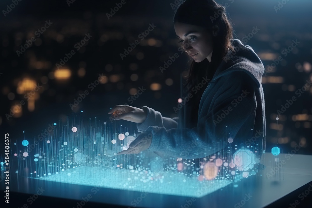 Poster a woman is using a digital device in the dark with a city in the background workshop video art motio