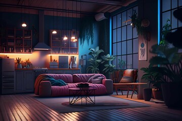 Home interior loft style, living room at night, soft light, neon lights, 3d render. Generative AI.
