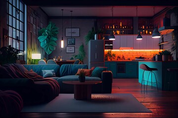 Home interior loft style, living room at night, soft light, neon lights, 3d render. Generative AI.