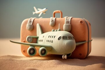 Old vintage retro suitcase and toy airplane. Travel concept. Background with selective focus. AI generated