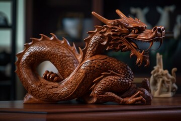 Dragon carved from mahogany wood. AI generated, human enhanced