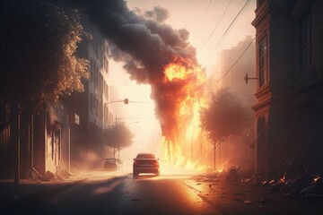 A burned city street with no life apocalyptic scene, selective focus. AI generated, human enhanced