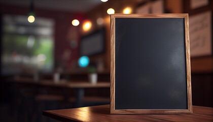 Empty blackboard placed against blurred cafe background. The blackboard is blank and has wooden frame