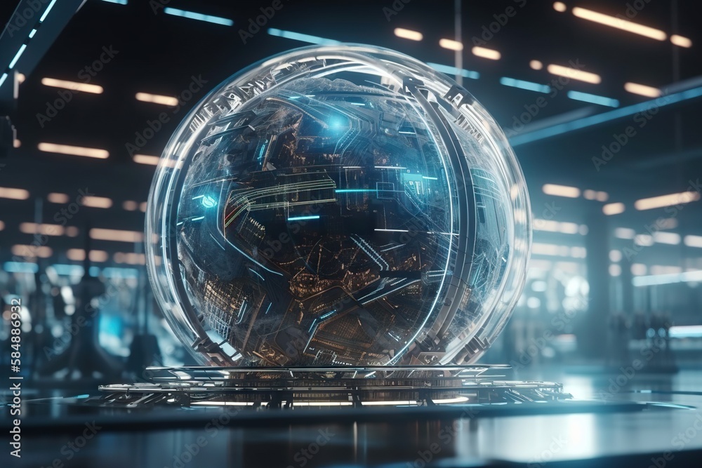 Poster a futuristic looking object with a large circular structure in the middle factory animation motion g