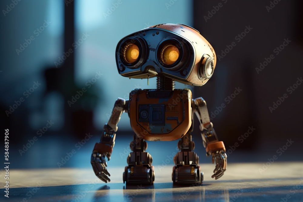 Poster a robot with two eyes and a head with a light on junkyard animation robotics engineering generative 