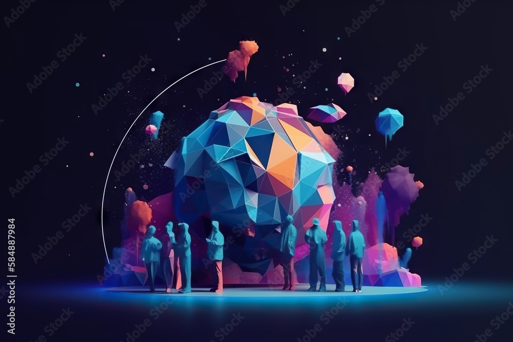 Poster a group of people standing in front of a colorful object with a black background lunar landscape ani
