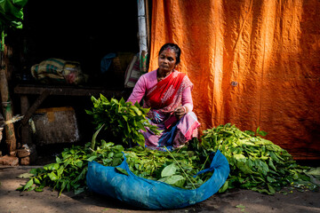 A market vendor selling bundles of mango tree leaves on the street