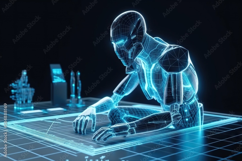 Poster a robot is sitting on a blue surface with a futuristic background workshop animation robotics engine
