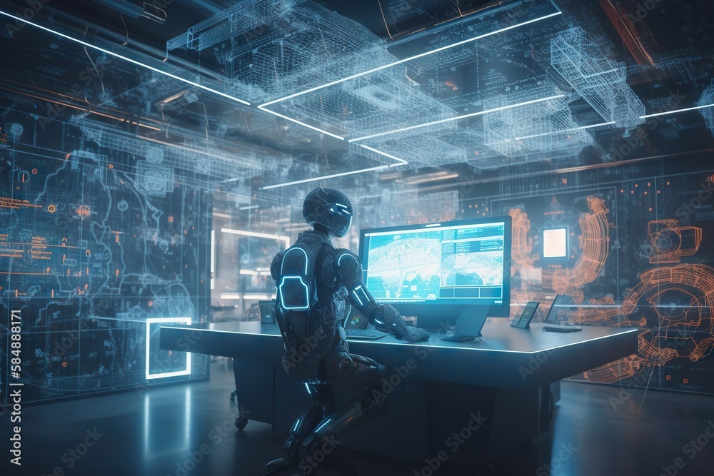 Poster A Man Sitting At A Desk In Front Of A Computer Monitor Conference Room Animation Robotics Engineering