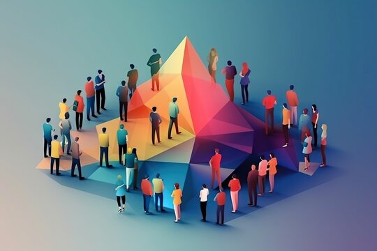 A Group Of People Standing Around A Colorful Pyramid On A Blue Background Workshop Graphic Design Crowdfunding Generative AI 