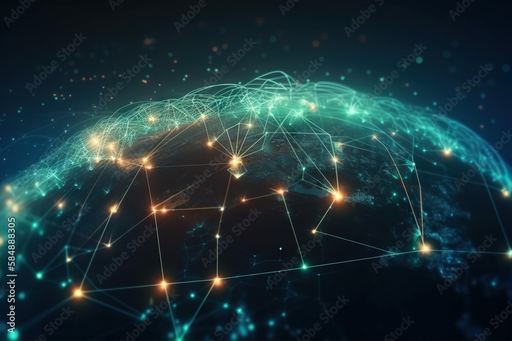 Poster a globe with many connected lines and dots on it with a dark background deep sea trench video art su