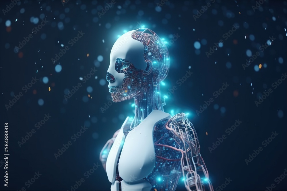 Poster a robot with a glowing body and arms and hands is shown workshop animation robotics engineering
