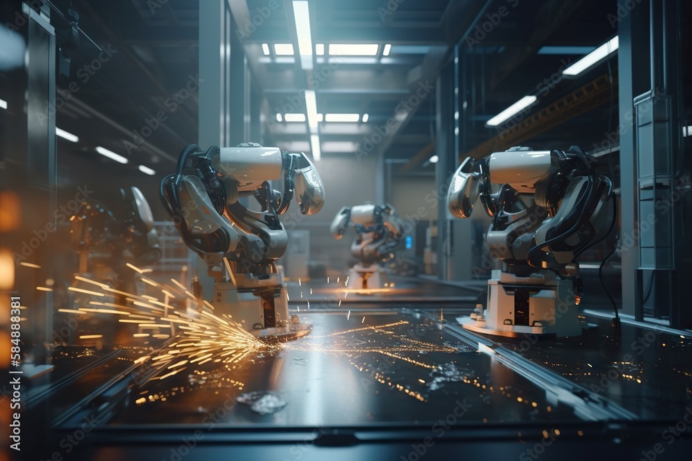Poster a factory with robots working on a piece of machinery with sparks factory animation robotics enginee