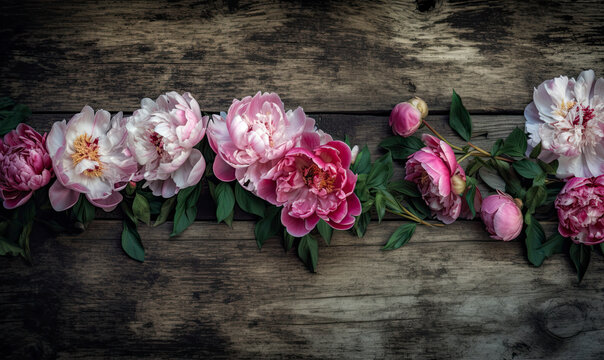 peony flowers on old wood, flat lay with copy space created with Generative AI technology