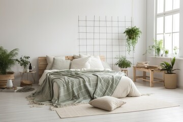 Bedroom mockup with bed, green plaid, cushions, and plants on white wall. Right side empty. Generative AI