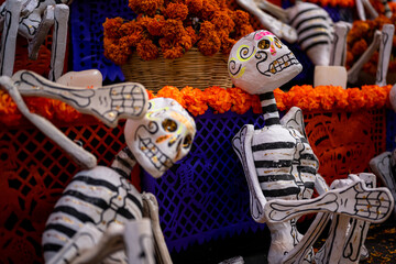 Handmade Papier-Mache skeleton on day of the dead altar in oaxaca