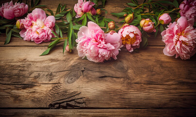 Obraz na płótnie Canvas pink peony flowers on old wood, flat lay with copy space created with Generative AI technology