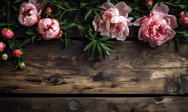 pink peony flowers on old wood, flat lay with copy space created with Generative AI technology