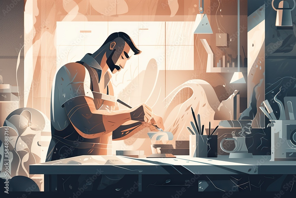 Poster a man is working on a project in a room with many objects workshop animation motion graphics