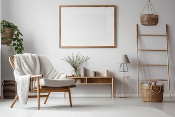 Sitting area with white mock up frame, wooden shelf, vintage chair, gray macrame, lavender, flowers, rattan basket, and stylish accessories. Decoration. Template. Generative AI